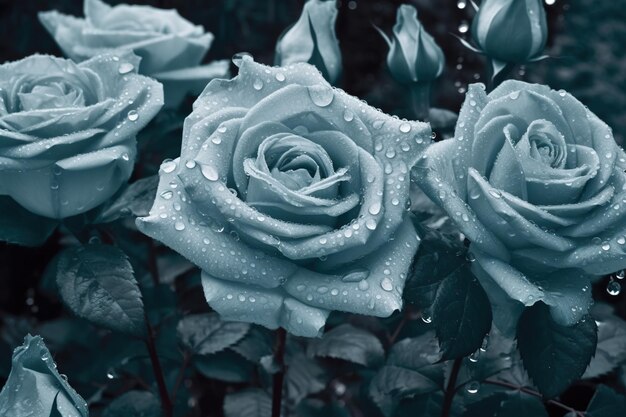 three blue flowers each with a single drop of water on them