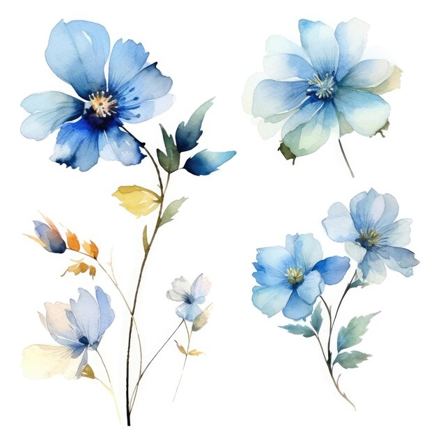 Three blue flowers with the words blue and yellow on them.