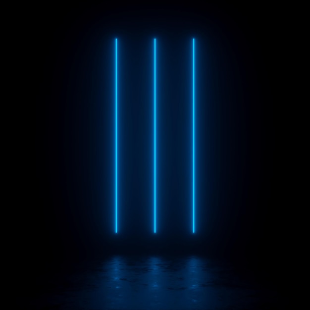 Three blue neon lines illuminate the space and are reflected in a wet field 3D rendering