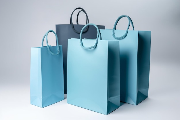 Three blue paper bags with a black bag on a white background.