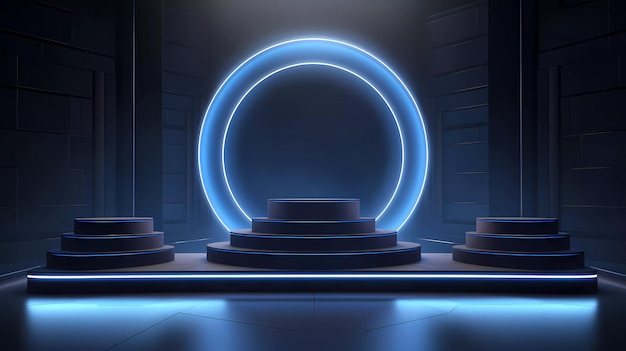 Foto tre podi blu di fronte a un cerchio metallico su sfondo blu per la presentazione del marchio del prodotto