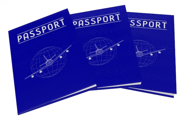 Three blue travel passports isolated on white background 3d illustration