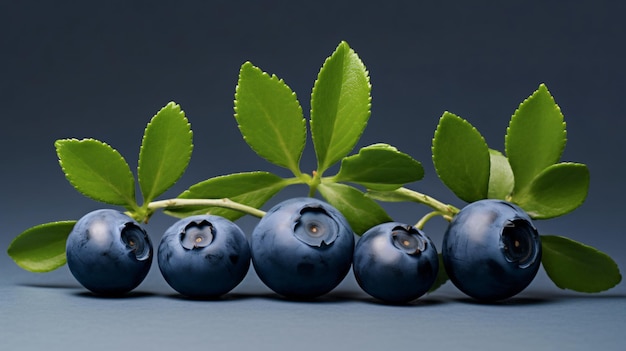 three blueberries with green leaves and one that say