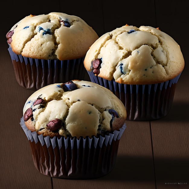 Three blueberry muffins are on a table