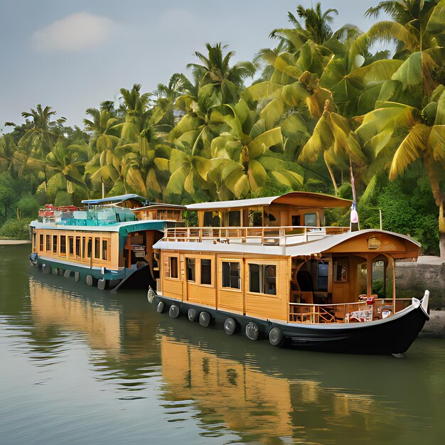 three boats are docked in front of a palm tree lined river