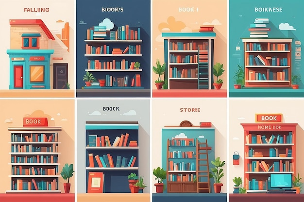 Three book flat icon set with home reading online book store and store at the city vector illustration