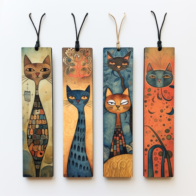 Photo three bookmarks with cats on them hanging on a wall generative ai