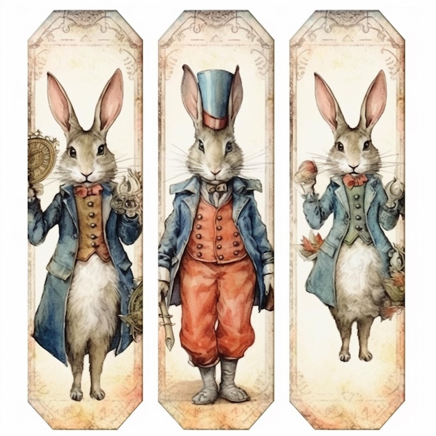 Three bookmarks with a picture of a rabbit dressed in a top hat and a suit generative ai