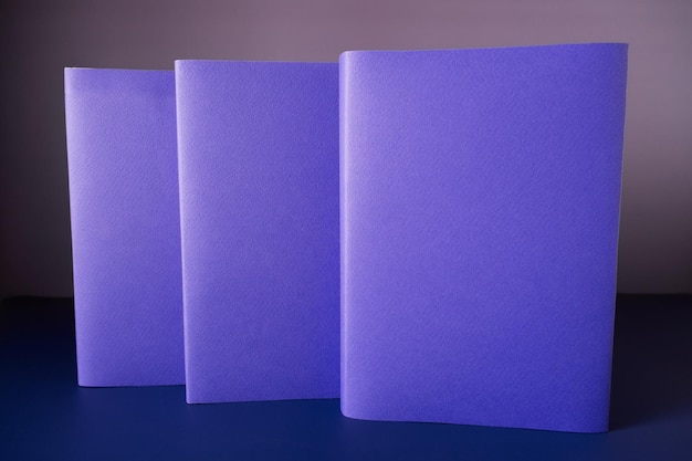 Three books in a purple cover stand on a purple background