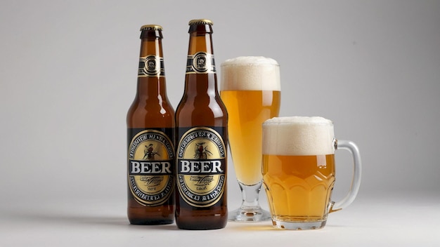 three bottles of beer are next to a glass of beer