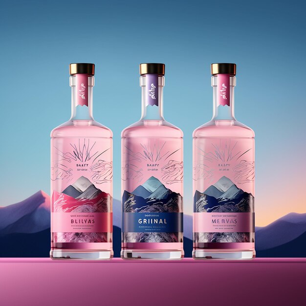 Three bottles of bilberry gin are displayed against a blue background.
