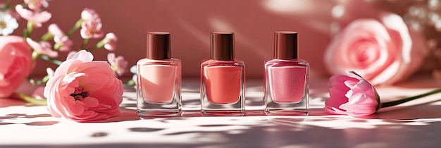 Three bottles of colorful nail polish in different shades of pink with flowers on sunlit background