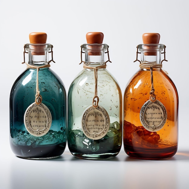 異なる色のアルコールの3つのボトルが示されています
