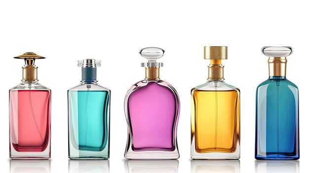 Photo three bottles of different colors of perfume are shown