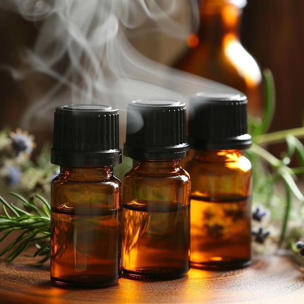 Photo three bottles of essential oils on a table