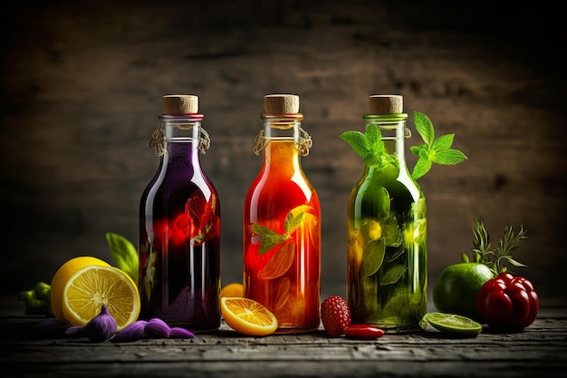 Three bottles filled with different types of fruit and herbs Generative AI