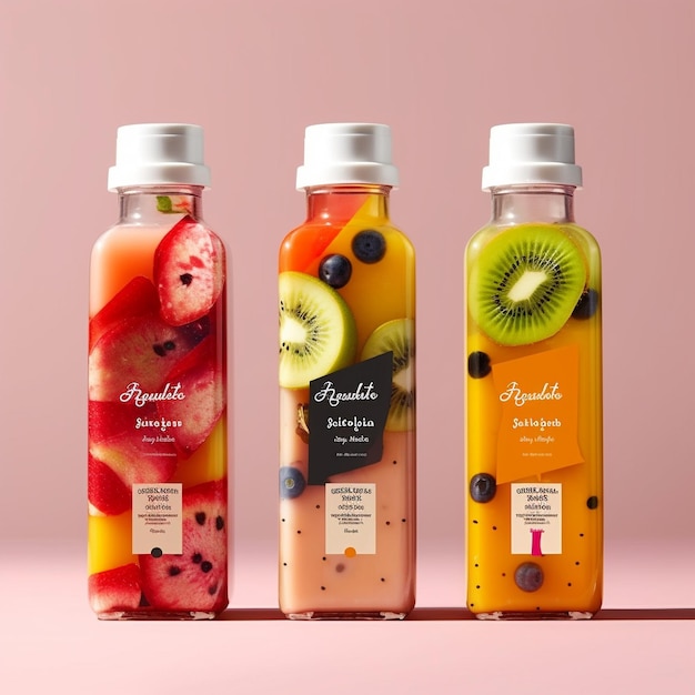 Three bottles of fruit juice with the word fruit on them