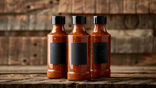 Photo three bottles of hot sauce with blank labels sit on a wooden table against a wooden background