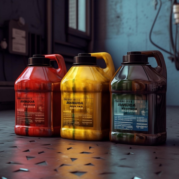 Three bottles of liquid are on a dark surface.