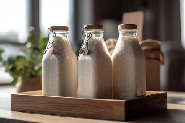 Three bottles of milk with a wooden tray with a wooden lid and a wooden lid