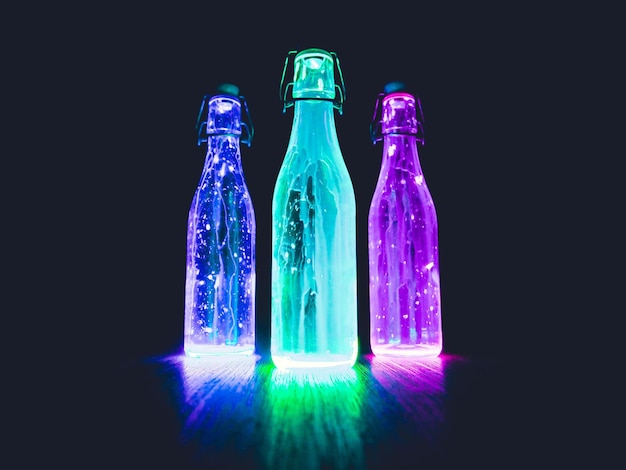 Three bottles of neon lights with one that says'glow'on it