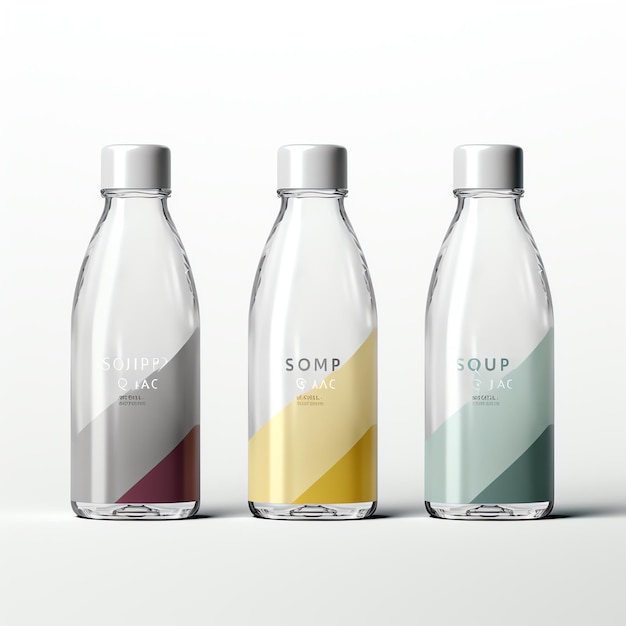 Фото Три бутылки разных цветов выставлены на белом фоне