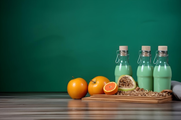 Three bottles of orange juice with oranges and nuts on a wooden tray with a green chalkboard background