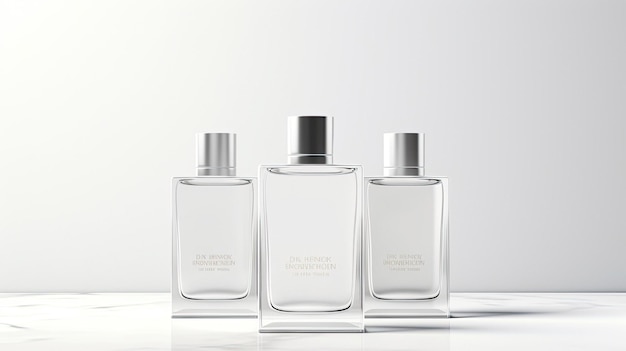 Three bottles of perfume are lined up with one another.