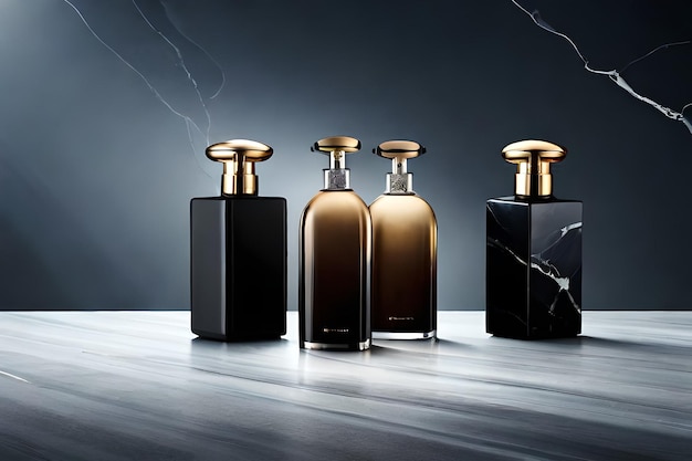 Three bottles of perfume are on a table with a dark background