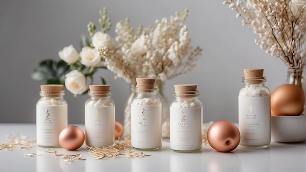 three bottles of perfume are on a table with flowers in the background