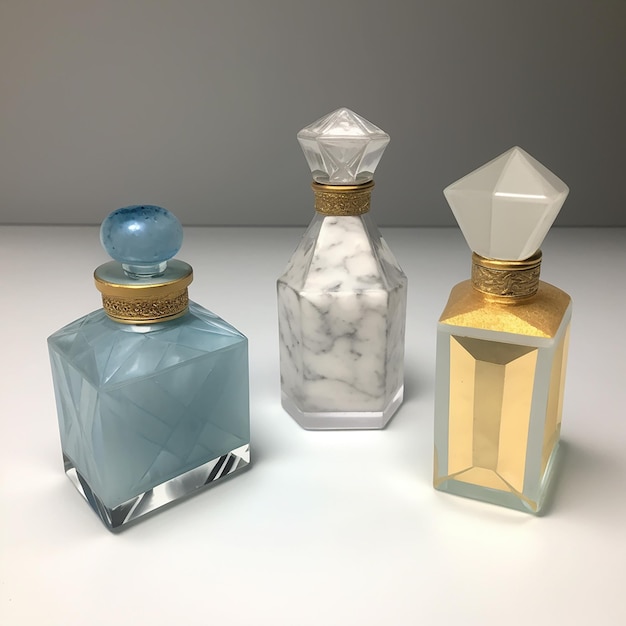 Three bottles of perfume are on a white table.