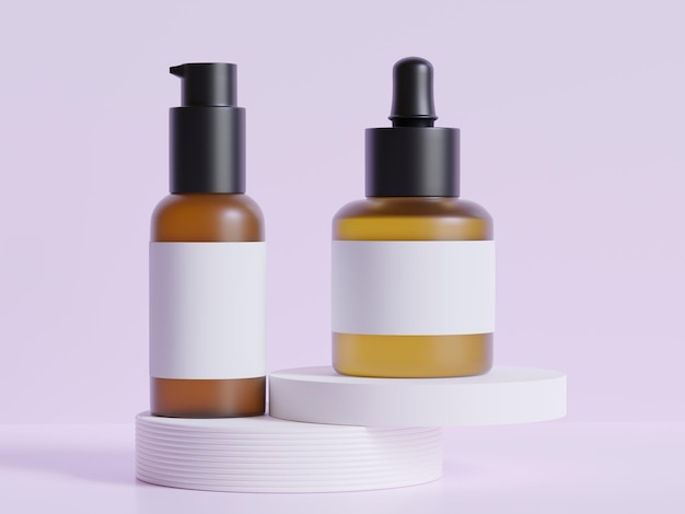 three bottles of soap are on a white platform