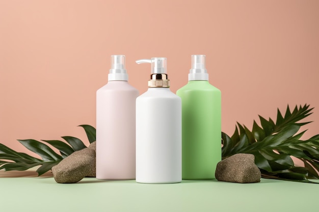 Three bottles of soap with a green background.