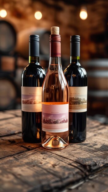 Three bottles of wine on a wooden table