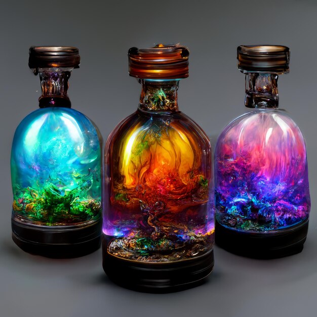 Three bottles with different colors of fire and ice on them.