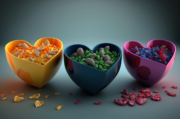 Three bowls of cereals with the word cereal on them