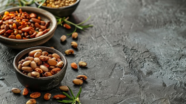 Three Bowls Filled With Nuts on Table