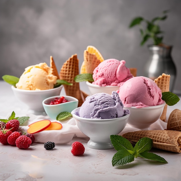 Three bowls of ice cream with a few waffle cones on the table.