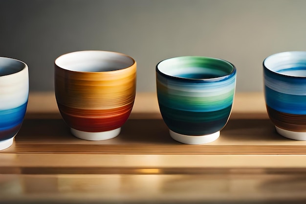 Three bowls on a shelf, one of which has a striped pattern.