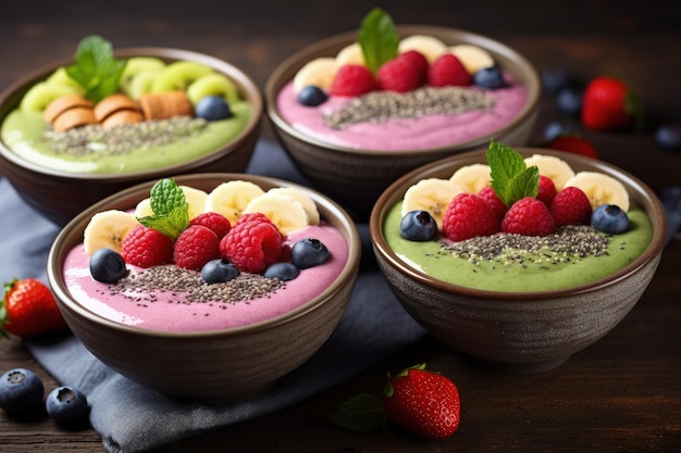 Three bowls of smoothie with blueberries raspberries kiwi and peach