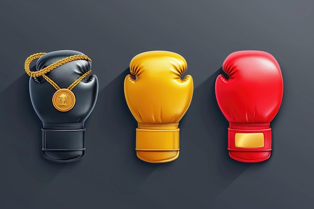 Photo three boxing gloves are displayed on a wall suitable for sportsrelated content or for illustrating the concept of teamwork and determination