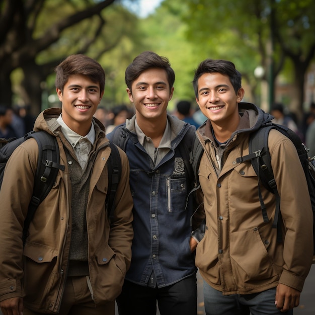 Three boys are posing for a picture with their backpacks.