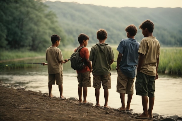 Three boys fishing at the river ar c