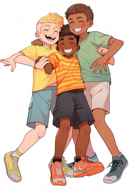 Three boys hugging each other while one boy is holding his arms around the other generative ai