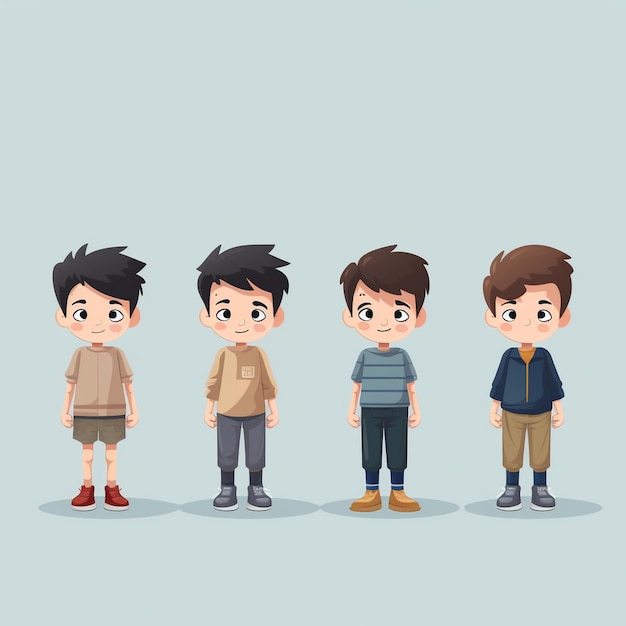 異なる服と靴を着て一列に並んでいる3人の少年