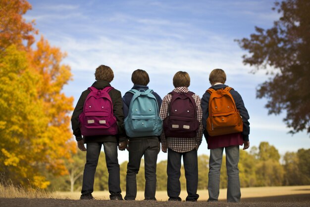 Photo three boys with backpacks standing on a road in front of a tree generative ai