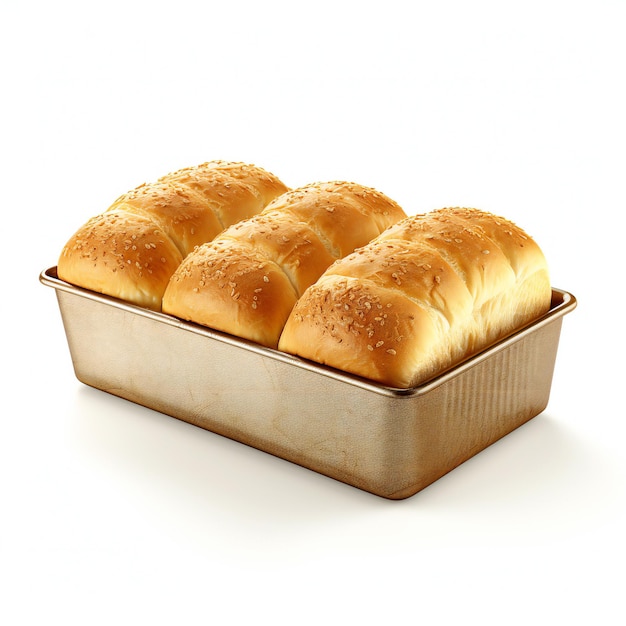 three breads in a metal container with a white background.