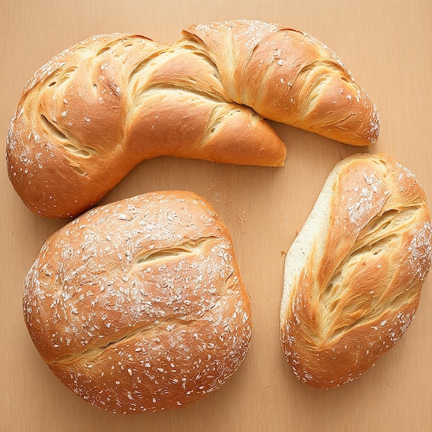 Three breads with one that has a leaf on it