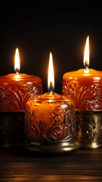 Three bright candles casting light in a dark isolated setting Vertical Mobile Wallpaper