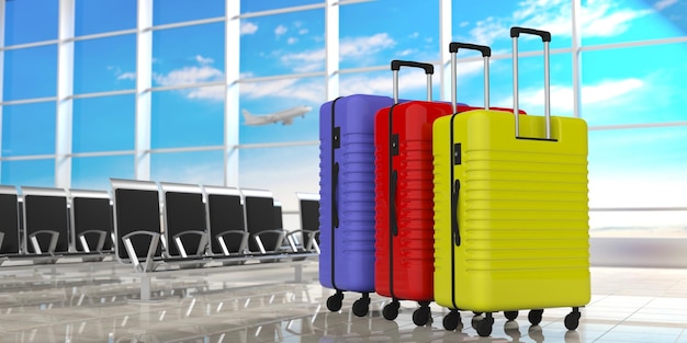 Three bright colors suitcases on airport terminal background 3d illustration